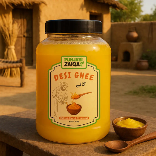 Jar of Punjabi Zaika Cow Desi Ghee with a traditional setting in the background