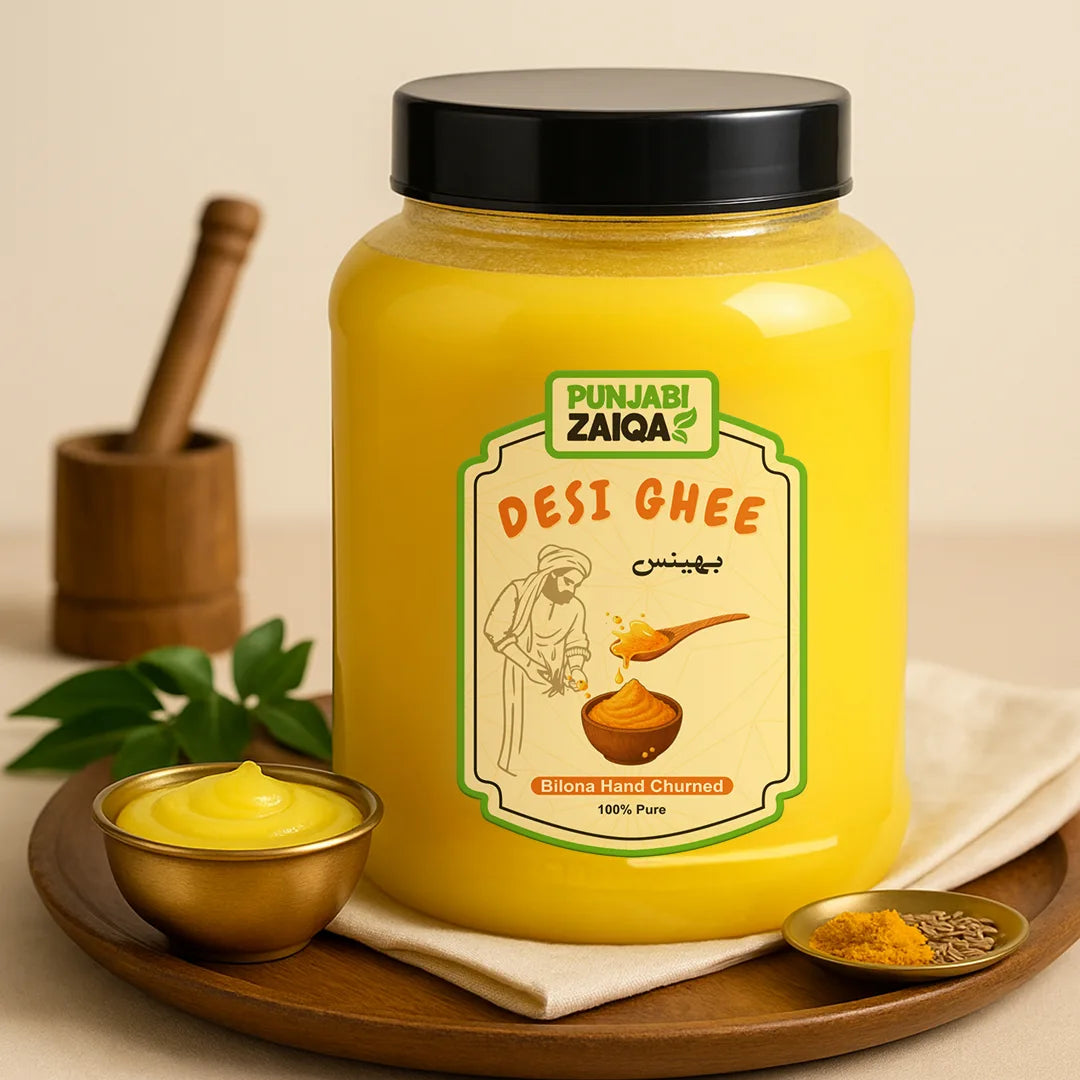 Jar of Punjabi Zaiqa Desi Ghee with a spoon and leaves on a beige background. Best Desi Ghee Brand in Pakistan