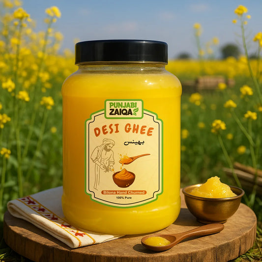 Jar of Punjabi Zaika Buffalo Desi Ghee with a bowl of ghee on a wooden board against a yellow flower field background. Online in Pakistan