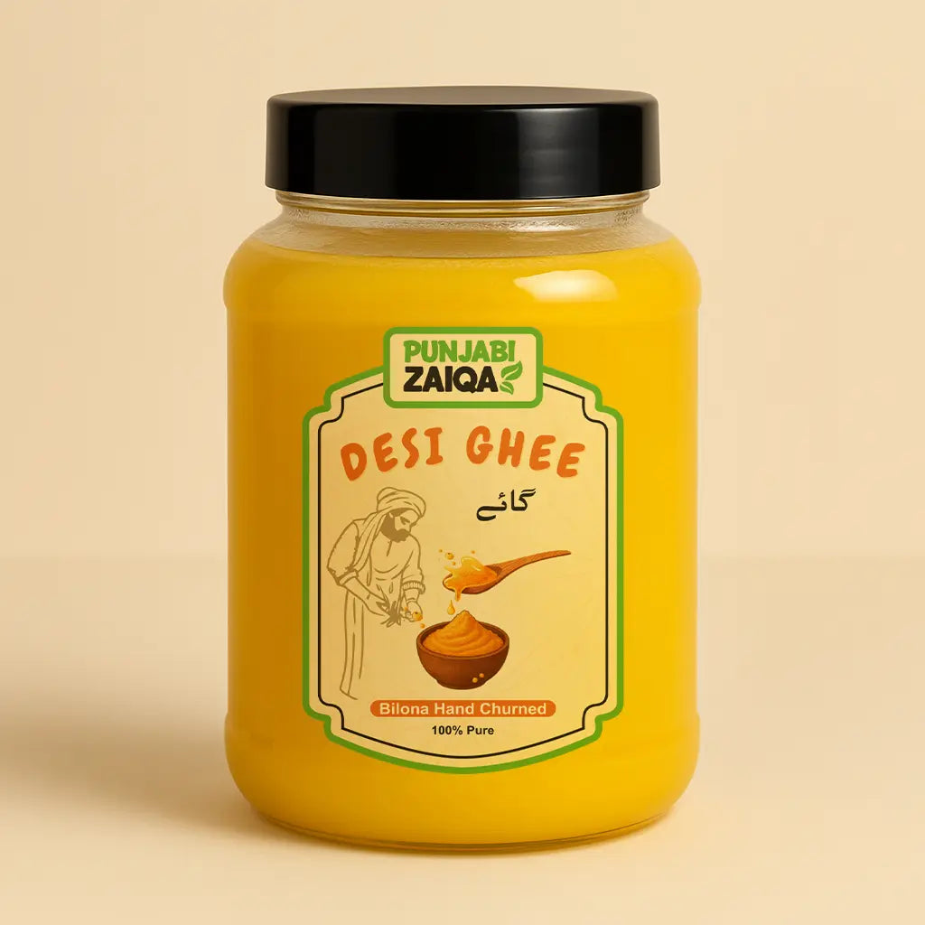 Jar of Punjabi Zaiqa Cow 
Desi Ghee on a beige background