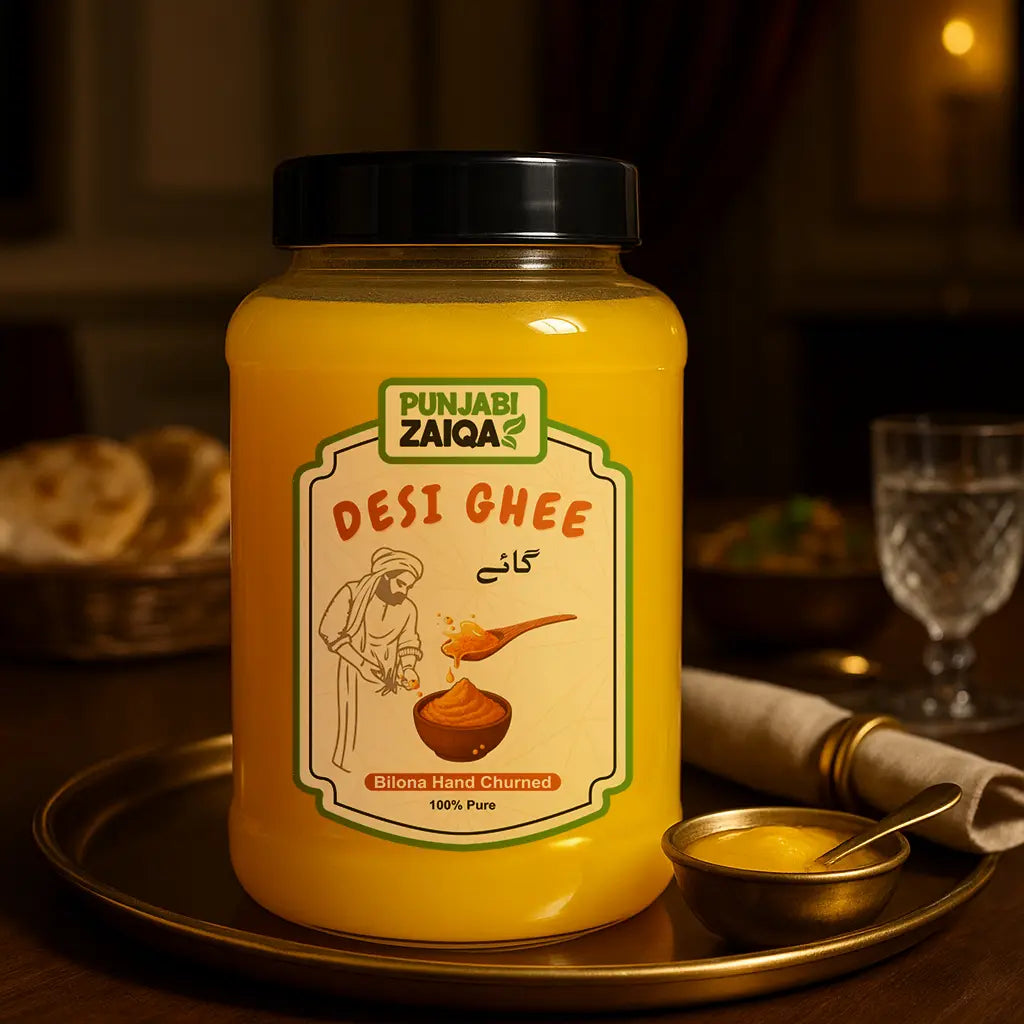 Jar of Punjabi Zaiqa Desi ghee on a tray with a blurred background
