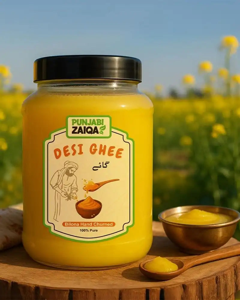 Jar of Punjabi Zaiqa Cow Desi Ghee with a field in the background