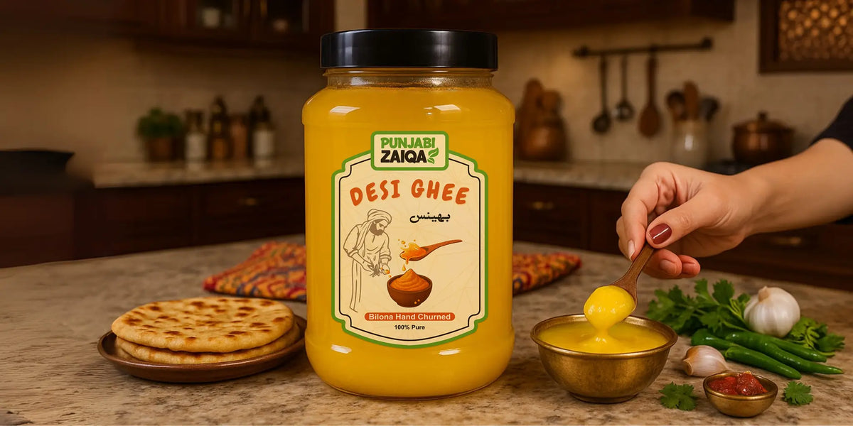 Jar of Punjabi Zaiqa Desi Ghee with a hand scooping ghee into a bowl in a kitchen setting.
