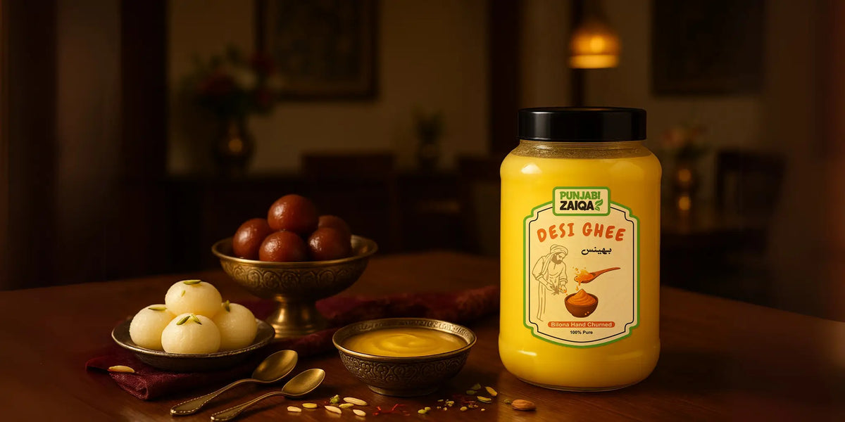 Desi Ghee bottle with traditional Indian sweets on a wooden table. Online in Pakistan