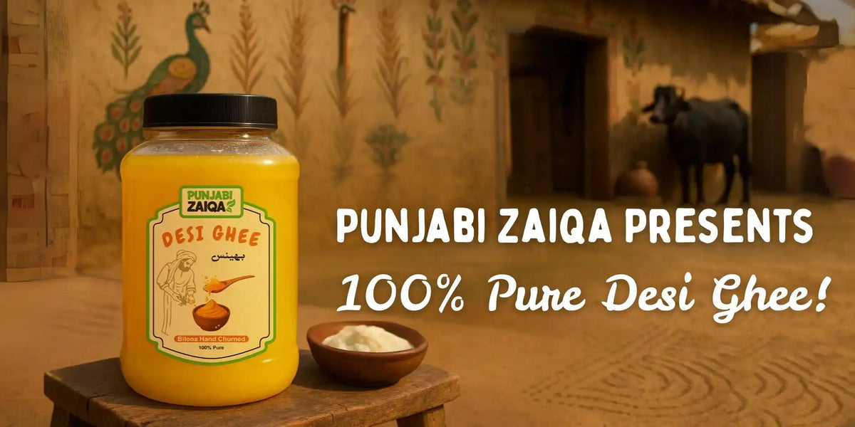 Jar of Punjabi Zaiqa Desi Ghee with a traditional setting in the background