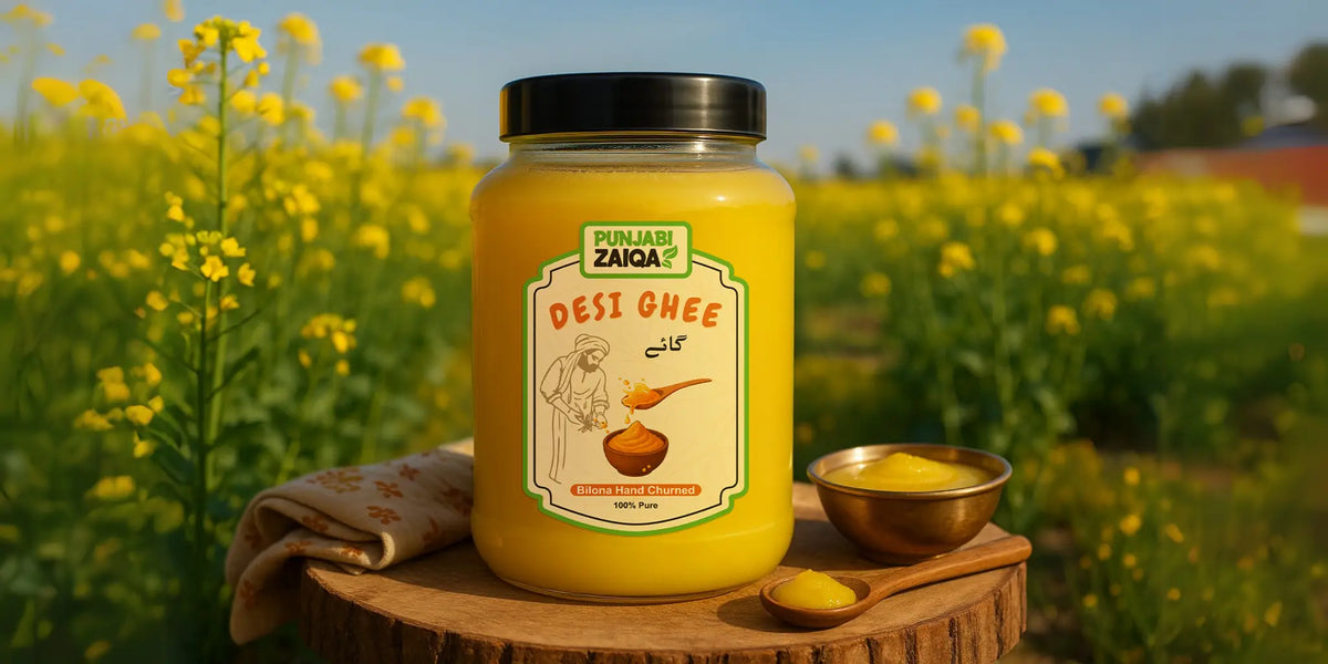 Jar of Desi Ghee with a field of yellow flowers in the background