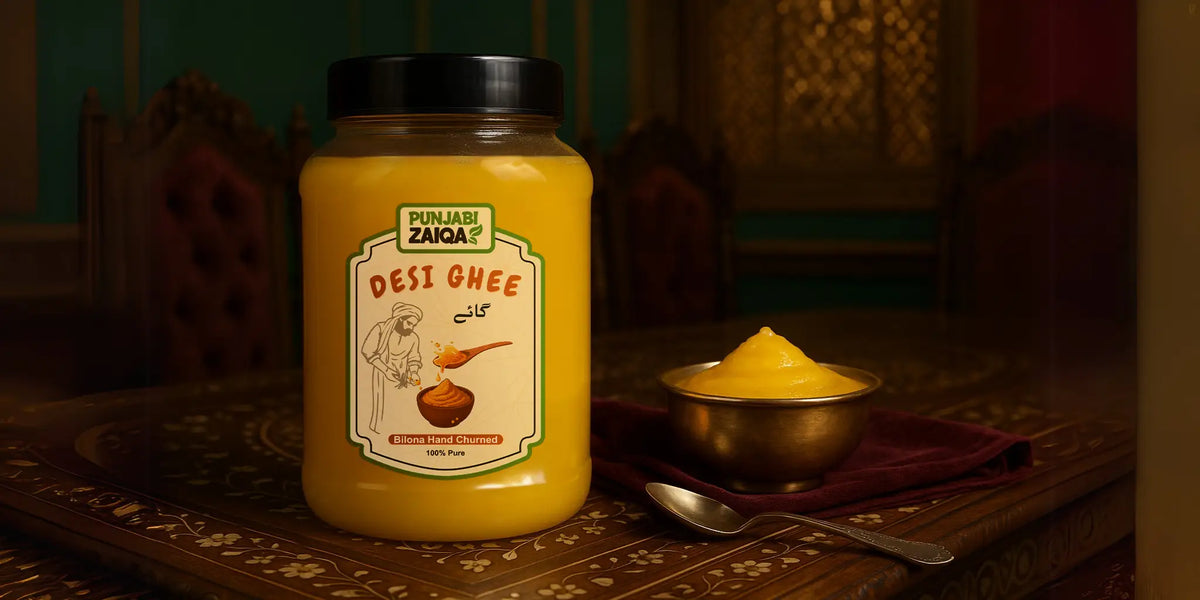 Jar of Punjabi Zabaan Desi Ghee with a spoonful of ghee on a wooden Best Desi Ghee Brand in Pakistan.